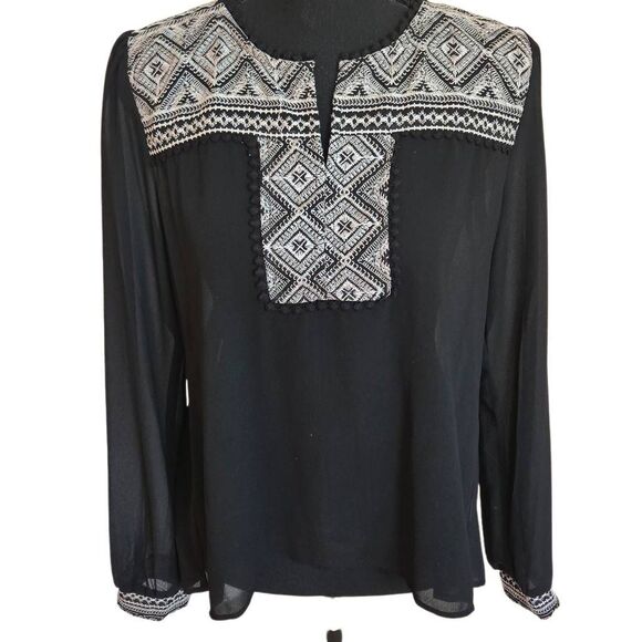 Monteau Womens Black Embroidered Long Sleeve Semi Sheer Blouse Size Medium - Picture 11 of 11